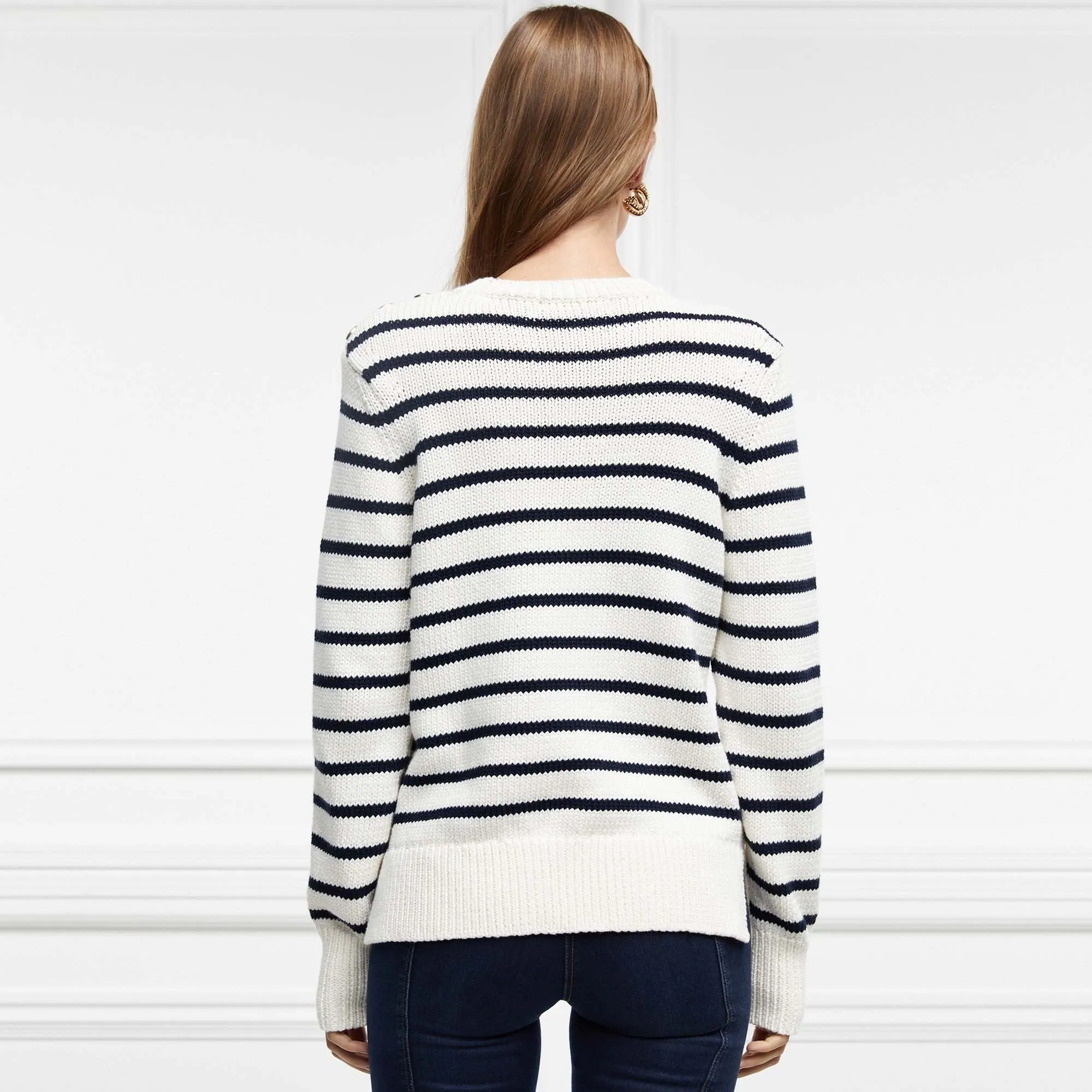 Holland Cooper Henley Striped Crew- Natural/ Ink Navy