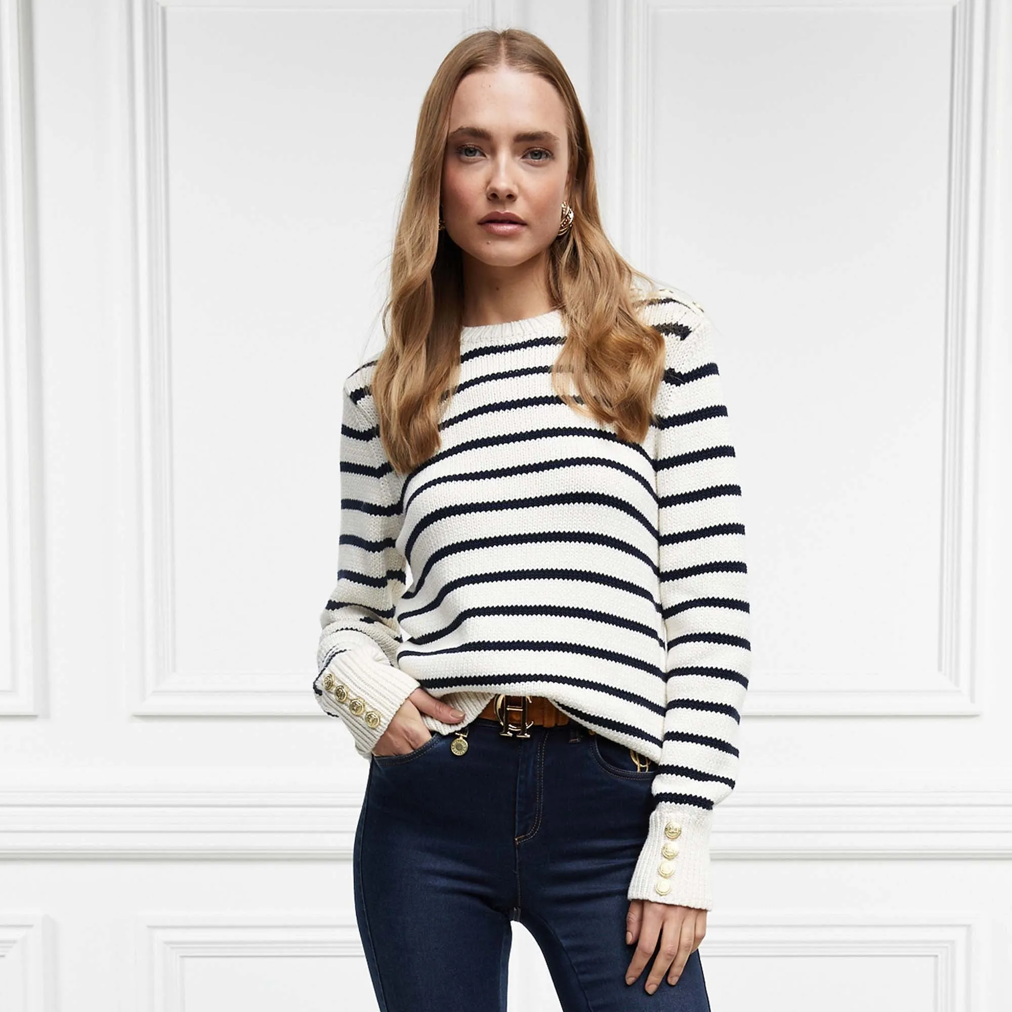 Holland Cooper Henley Striped Crew- Natural/ Ink Navy