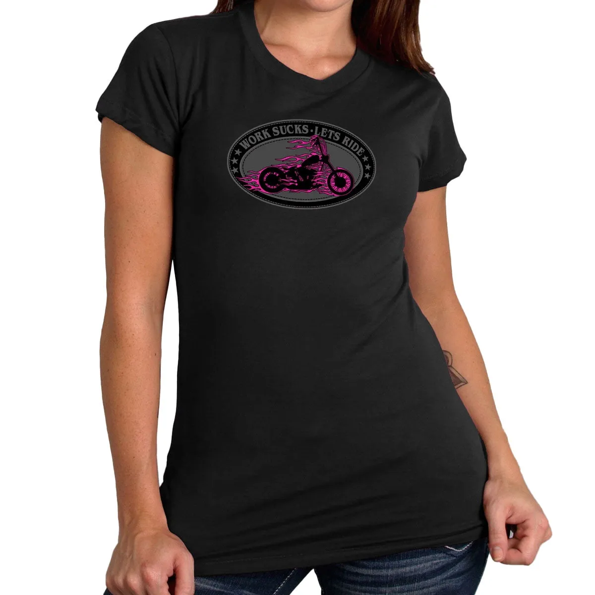 Hot Leathers GLR1499 'Work Sucks-Lets Ride Oval' Ladies Black T-Shirt