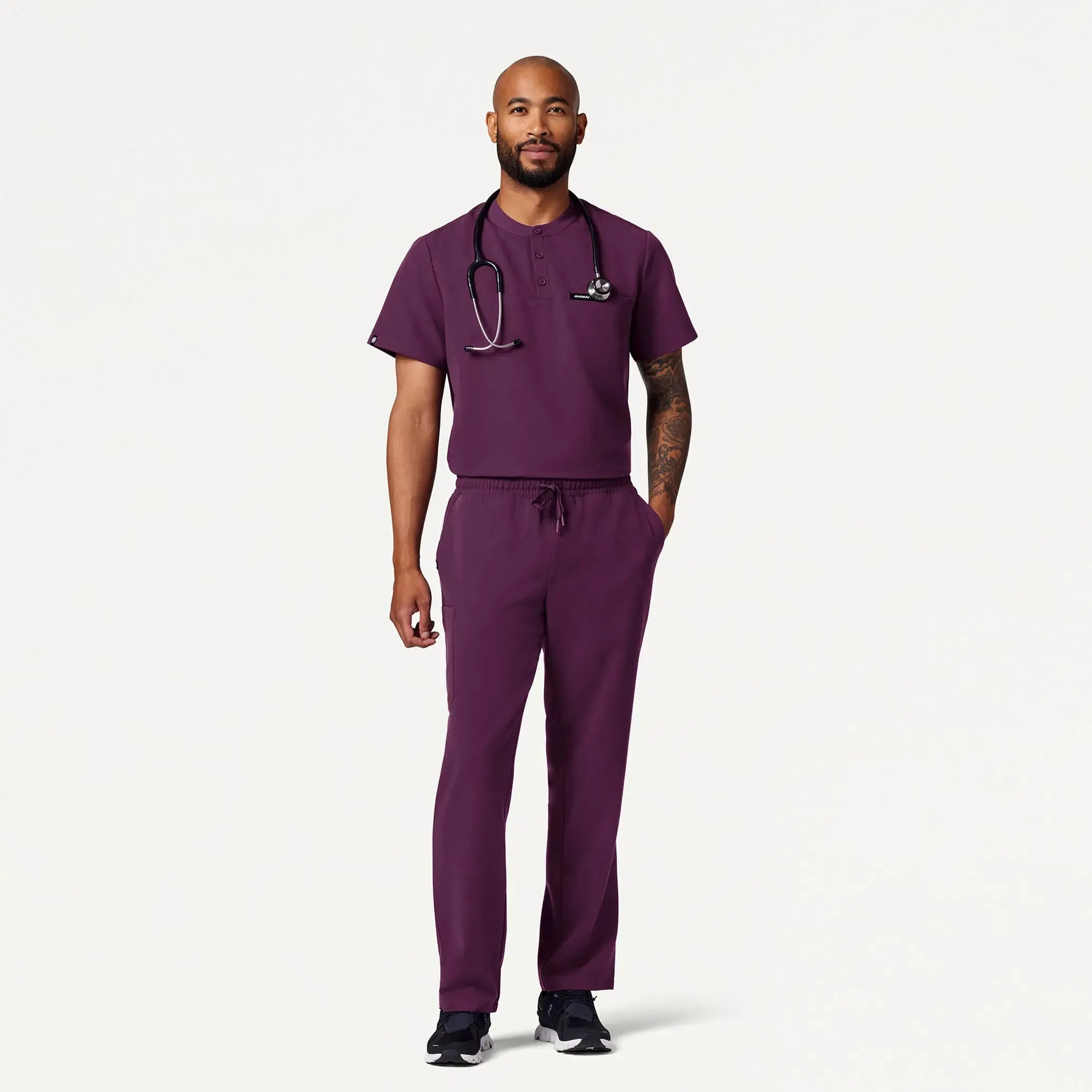 Jaanuu Men's Reeve Henley Scrub Top - Dark Amethyst