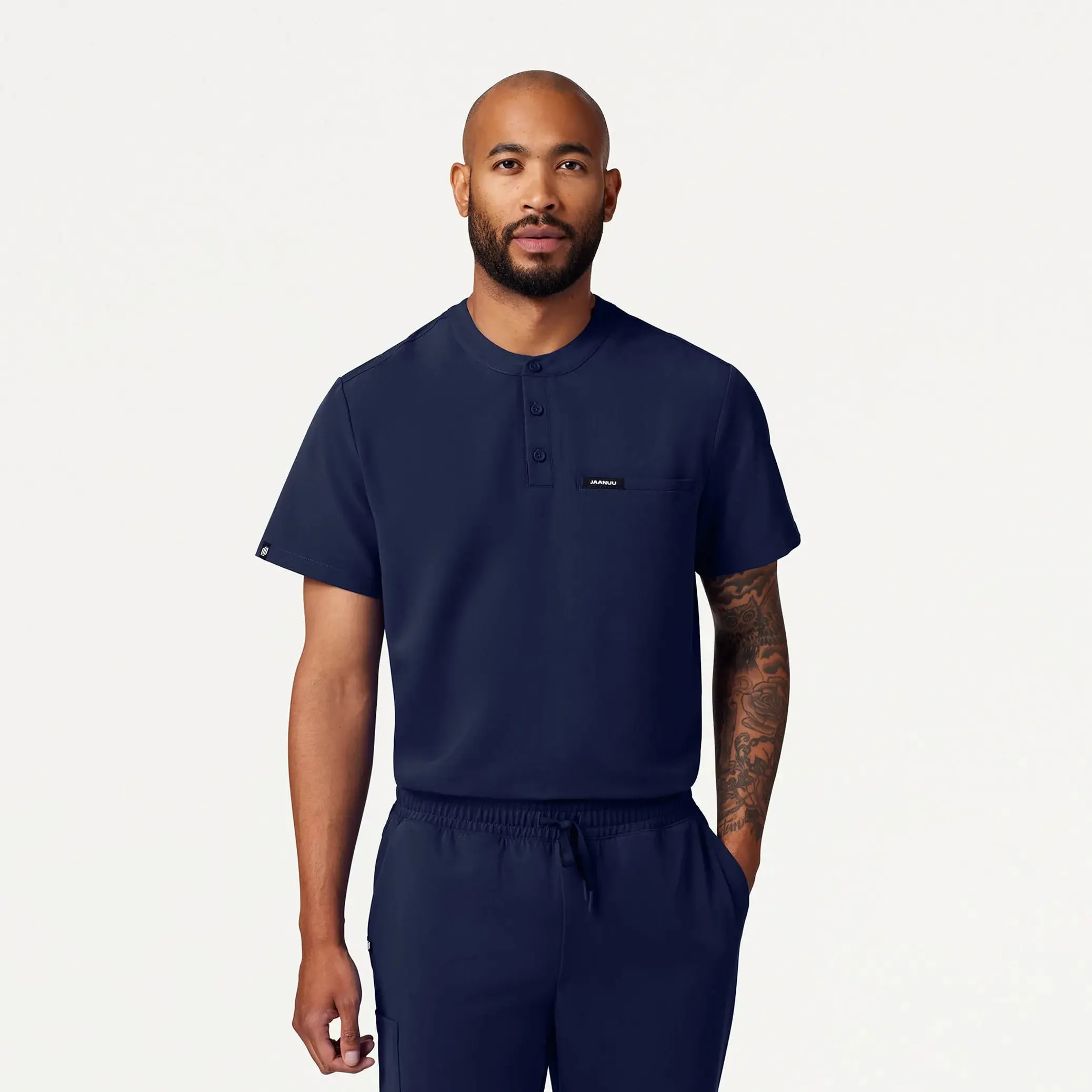 Jaanuu Men's Reeve Henley Scrub Top - Midnight Navy