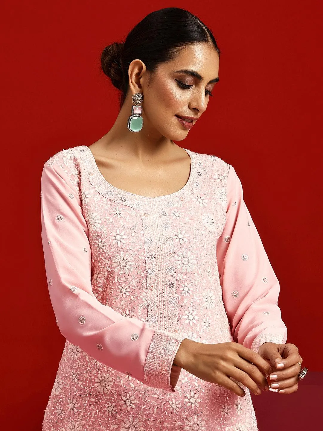 Jashvi Art Peach Embroidered Georgette Straight Suit With Dupatta