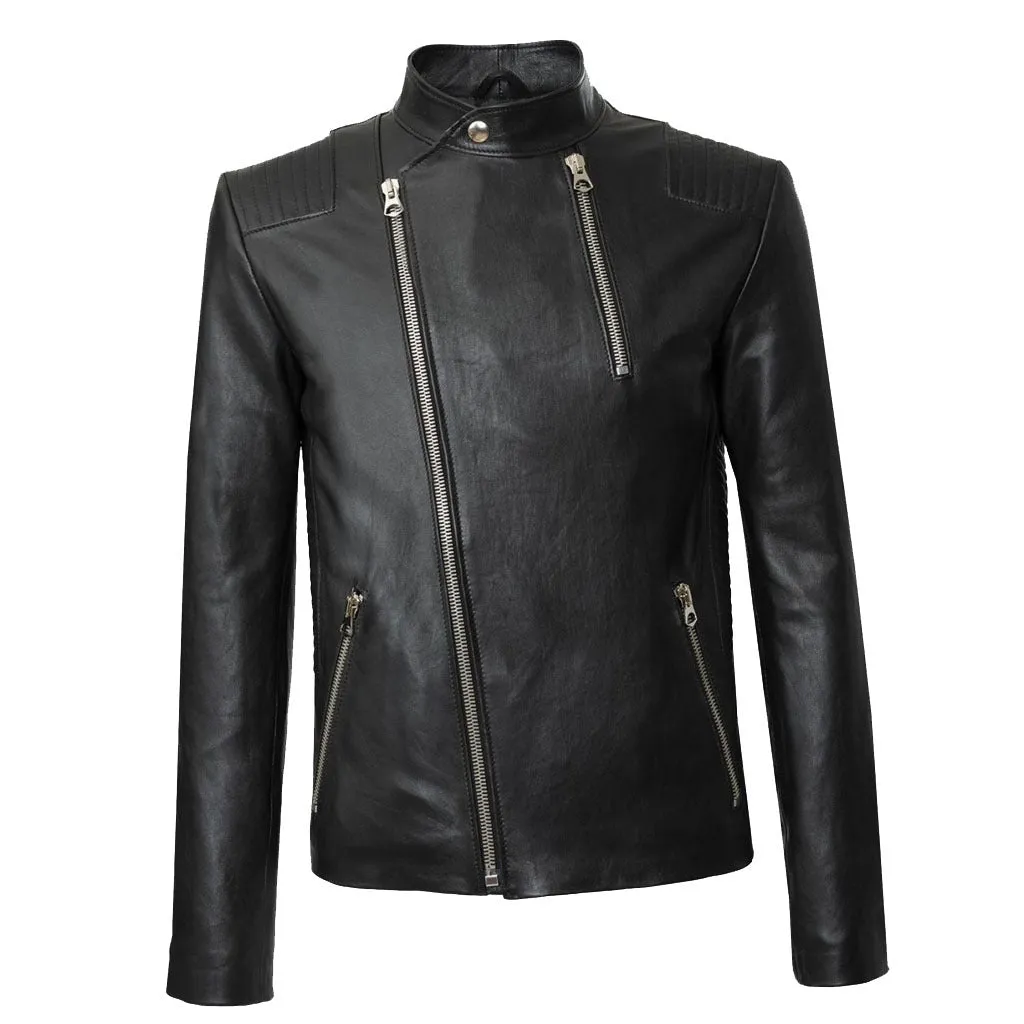 Jet Black Minimalist Men's Biker Leather Jacket