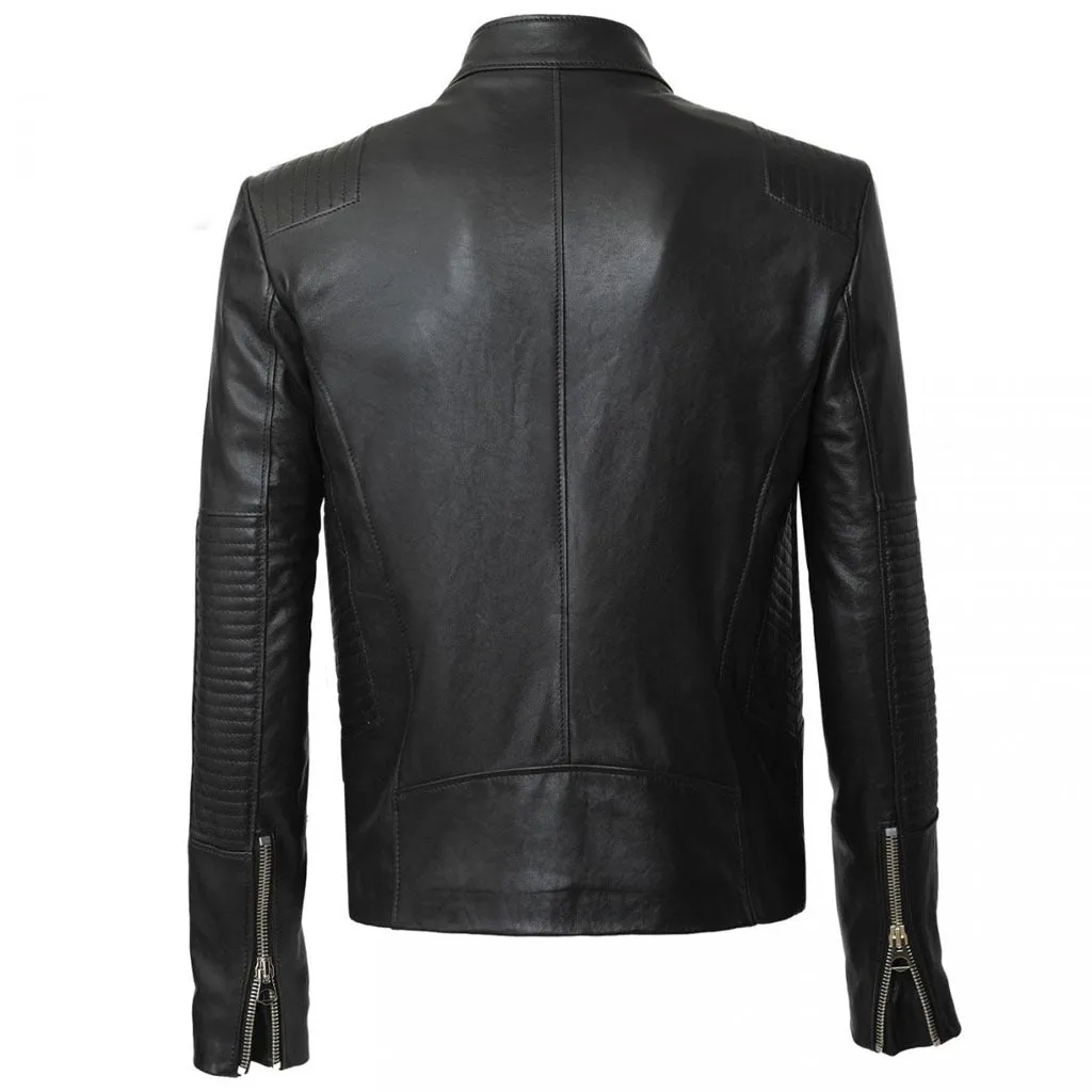 Jet Black Minimalist Men's Biker Leather Jacket