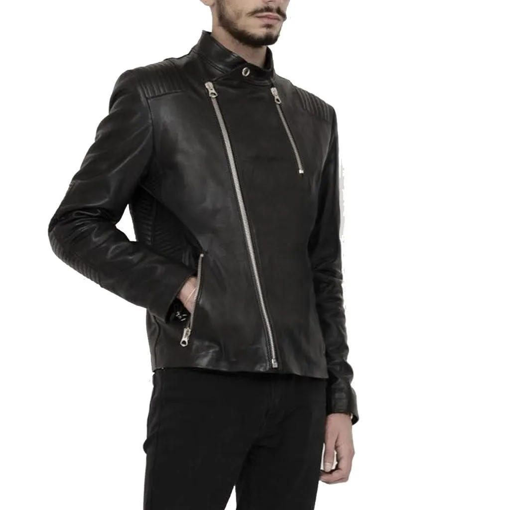 Jet Black Minimalist Men's Biker Leather Jacket