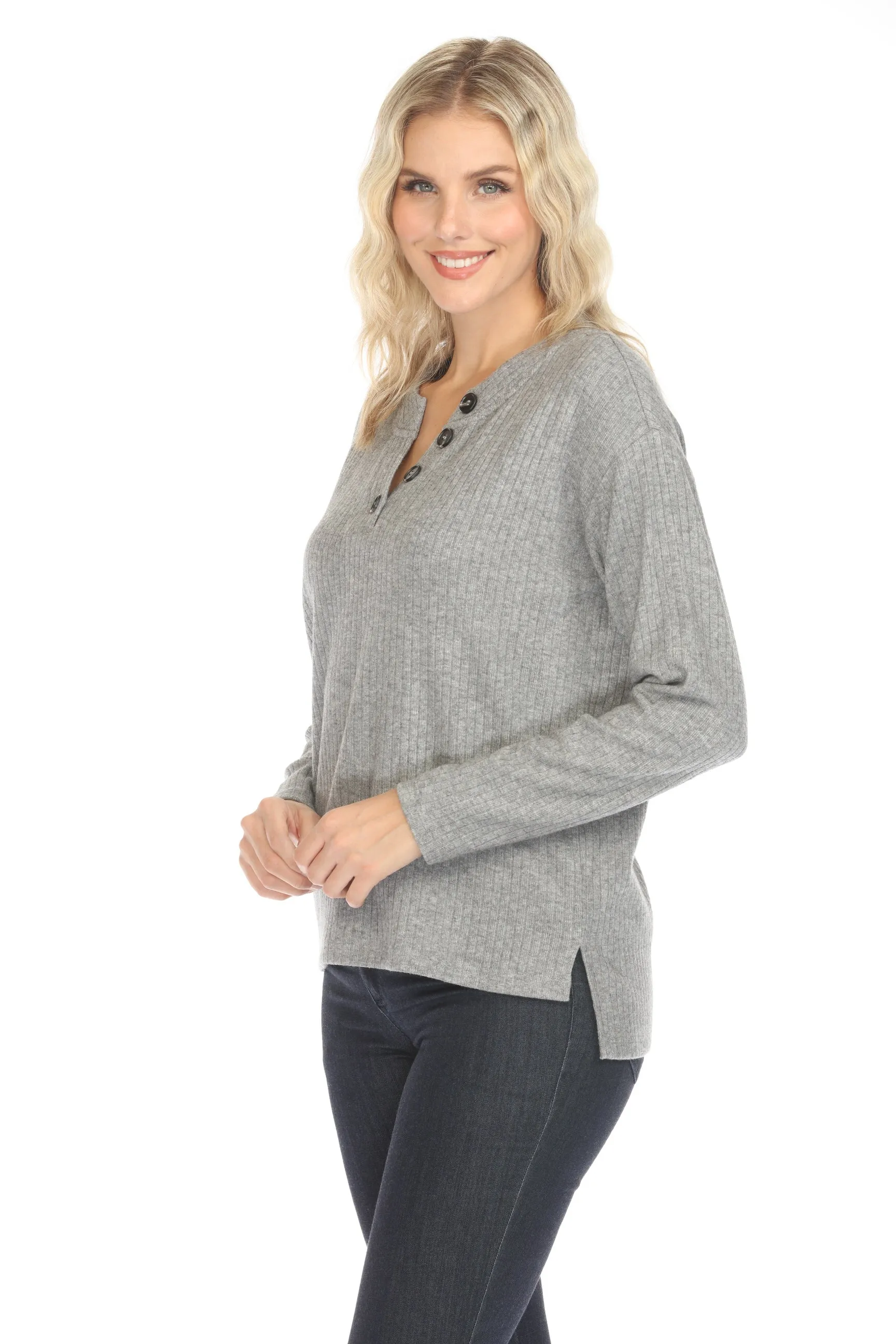 Johnny Was Calme Grey Rib Henley Long Sleeve Top O21067-E