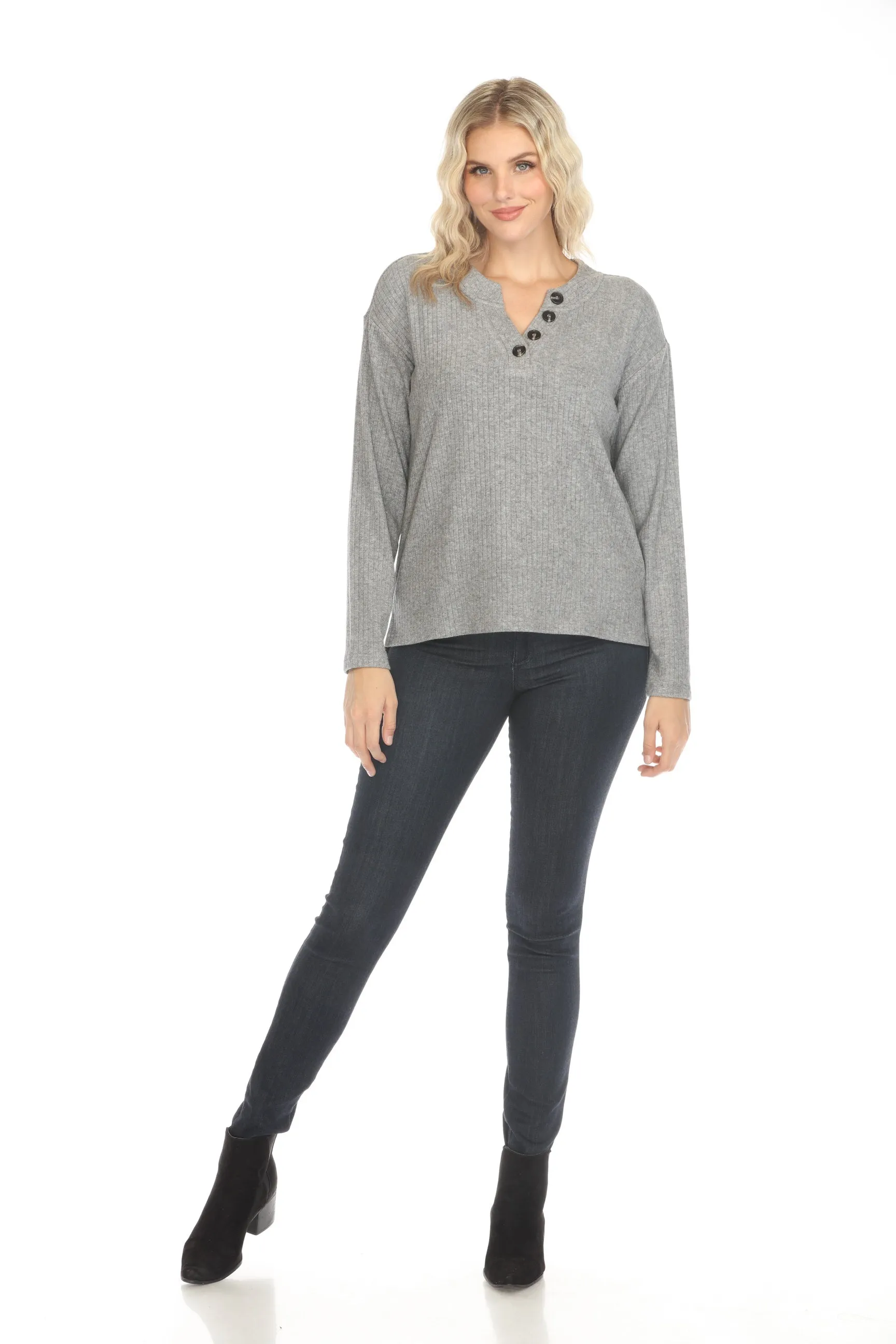 Johnny Was Calme Grey Rib Henley Long Sleeve Top O21067-E