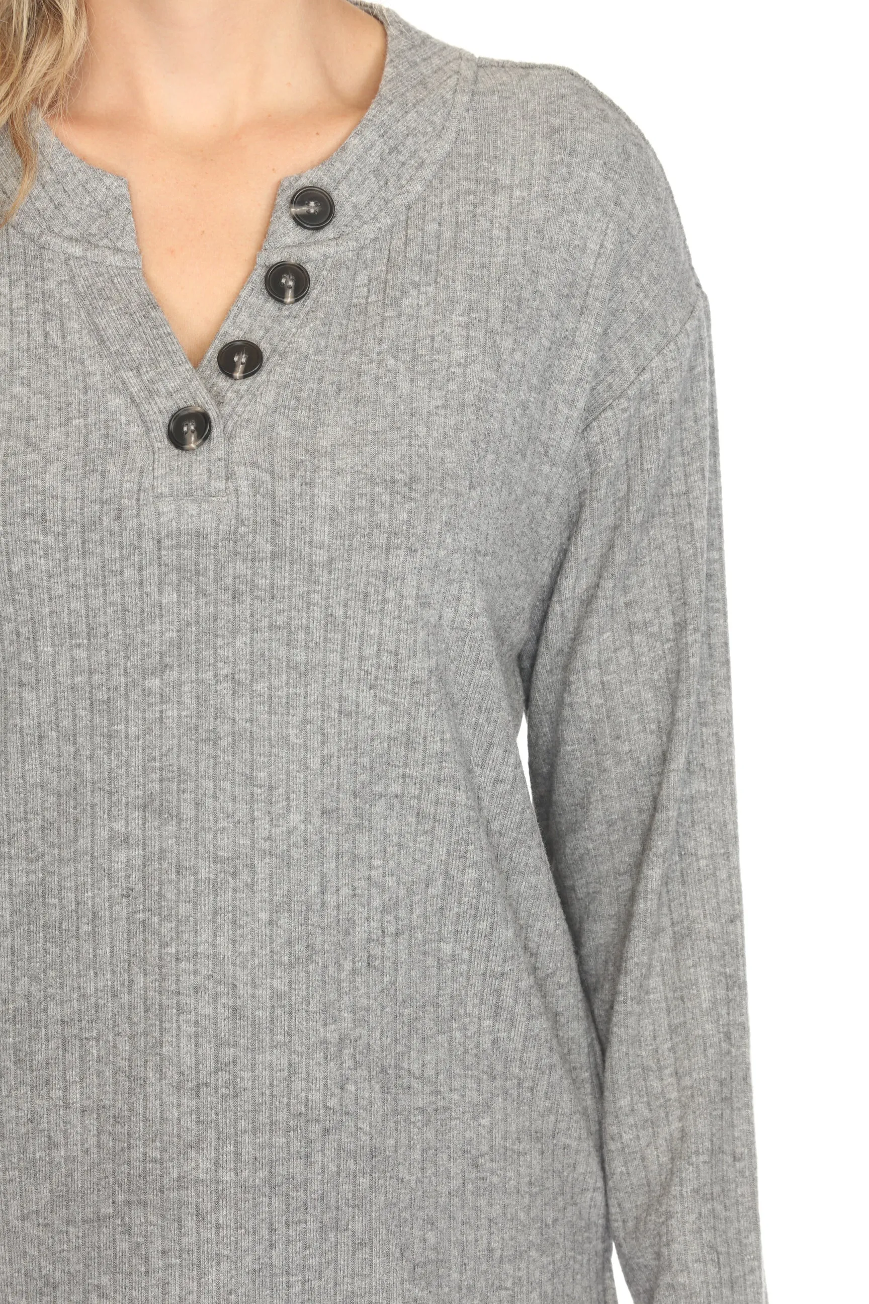 Johnny Was Calme Grey Rib Henley Long Sleeve Top O21067-E