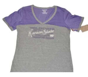 Kansas State Wildcats Blue 84 V-Neck Metallic Text Gray Womens T-Shirt