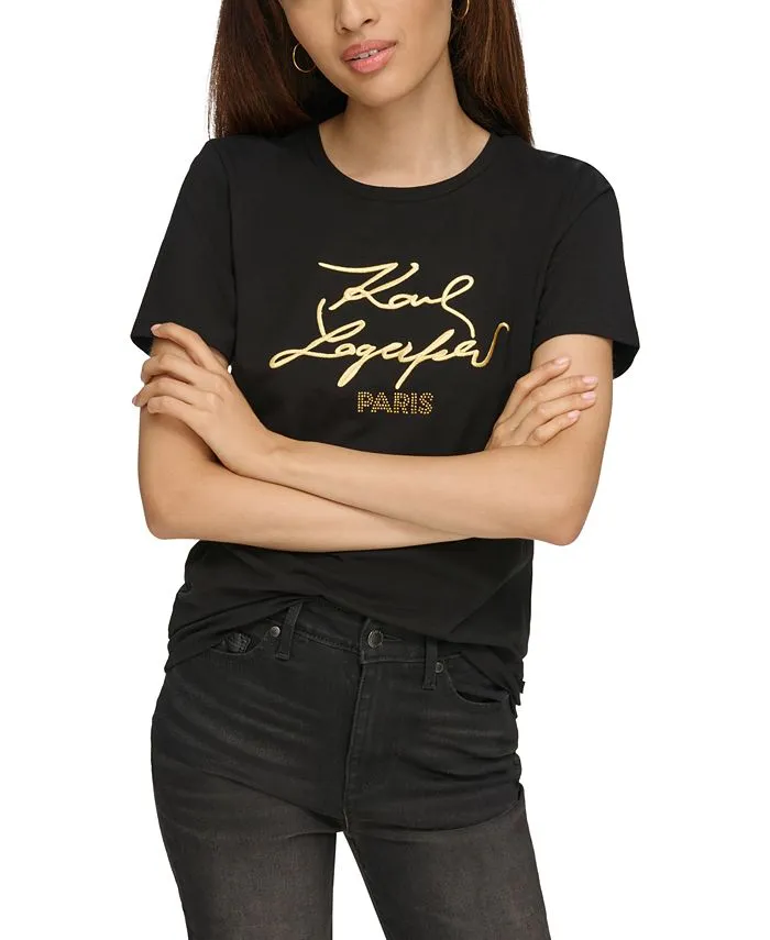 KARL LAGERFELD PARIS women's T-shirt with metallic logo, black