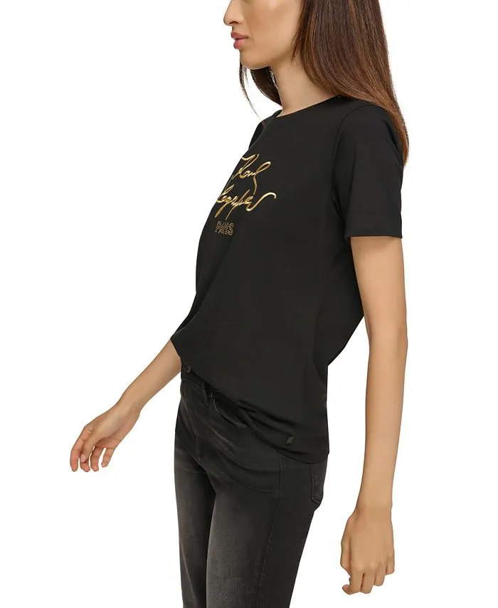 KARL LAGERFELD PARIS women's T-shirt with metallic logo, black