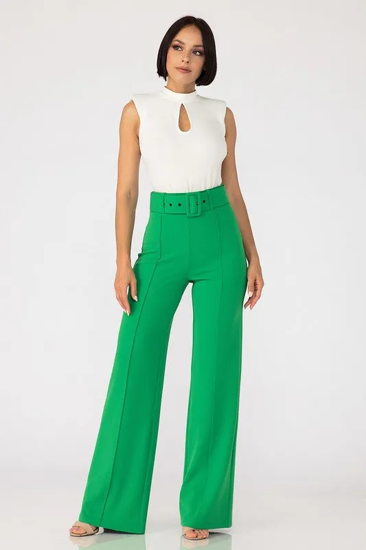 Kelly Green High Waist Pants With Buckle Belt