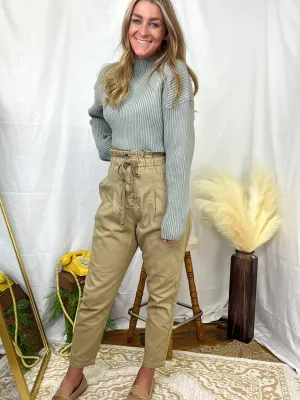 Khaki Stonewashed Paper Bag High Waist Pants