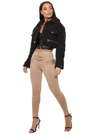 Khaki Suede High Waisted Buckle Pant