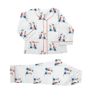 Kid's Pyjama Set - Henley Neck <br> Bear On The Cycle <br> <span style="font-size: 11px; font-family:Helvetica,Arial,sans-serif;">Cotton Flannel, Can Be Personalised</span>