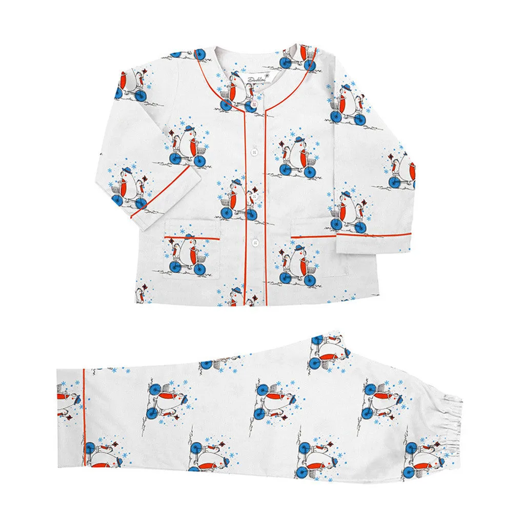 Kid's Pyjama Set - Henley Neck <br> Bear On The Cycle <br> <span style="font-size: 11px; font-family:Helvetica,Arial,sans-serif;">Cotton Flannel, Can Be Personalised</span>