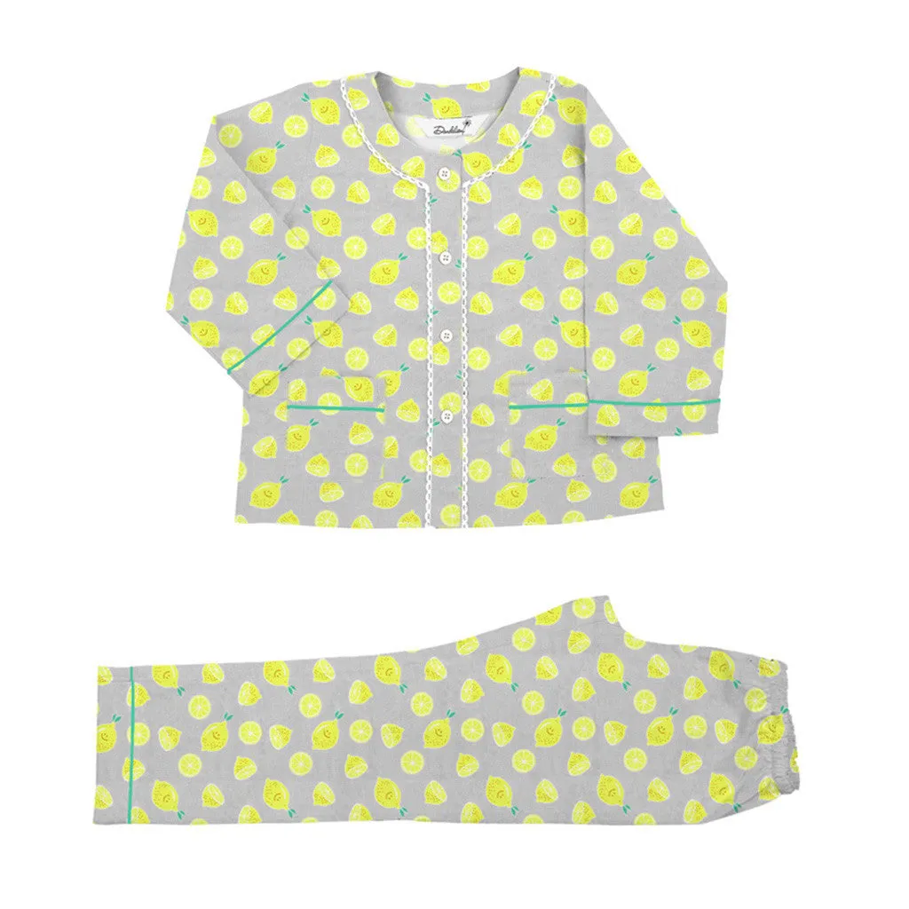 Kid's Pyjama Set - Henley Neck <br> Lemons <br> <span style="font-size: 11px; font-family:Helvetica,Arial,sans-serif;">Can Be Personalised</span>