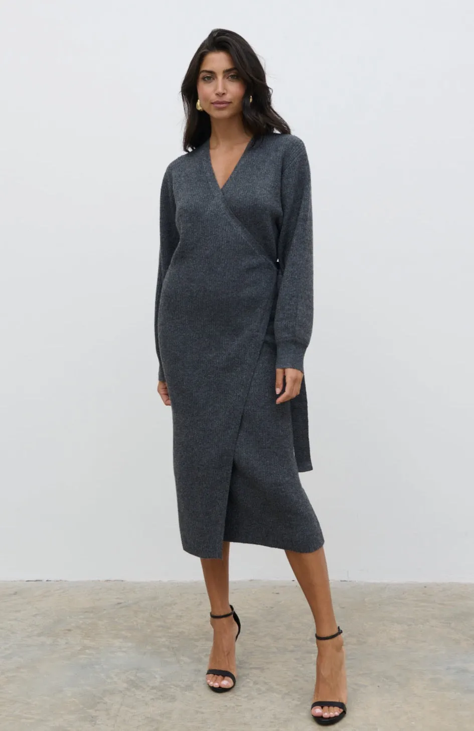 Kinsley Ribbed Wrap Dress - Charcoal Grey