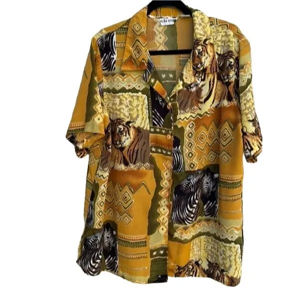 Kloz Studio Vintage Women's Animal Print Hawaiian Camp Collar Shirt Blouse Top