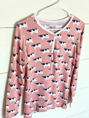 Kozi & Co Women's Long Sleeve Henley - Pink Cows