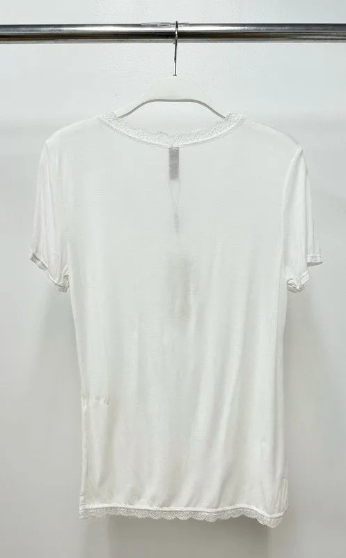 Lace Edge Button Detail White V-Neck Tee