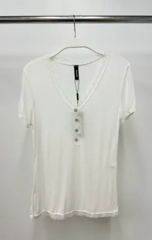 Lace Edge Button Detail White V-Neck Tee