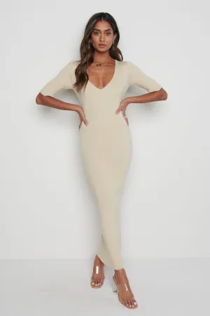 Lara Ribbed Midi Dress - Beige