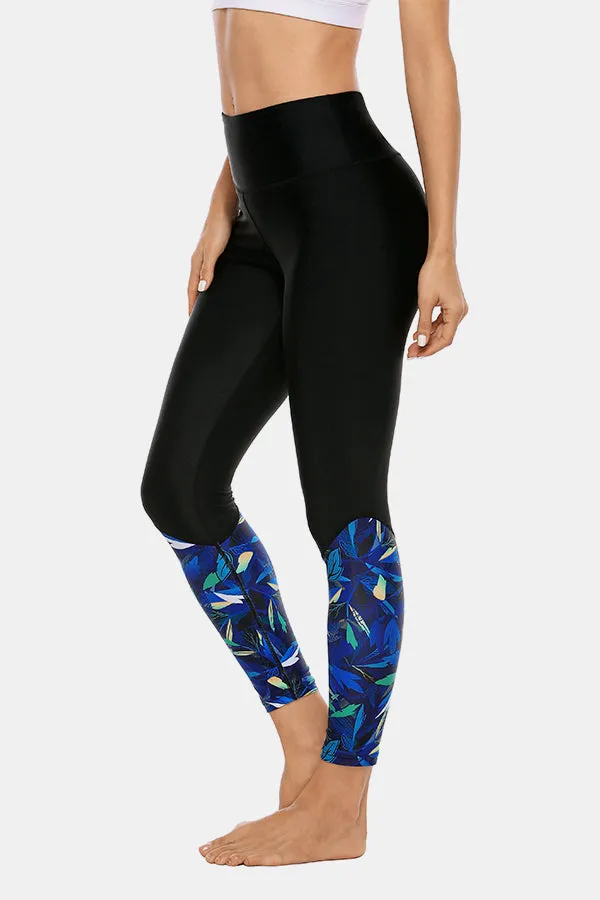 Leaf Print High Waist Long Swim Pants Swim Leggings Swim Tights