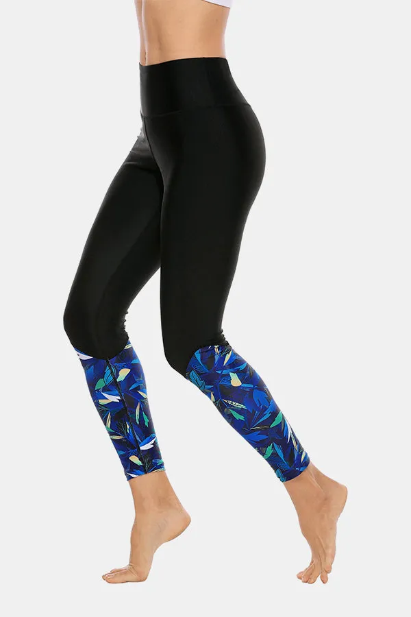 Leaf Print High Waist Long Swim Pants Swim Leggings Swim Tights