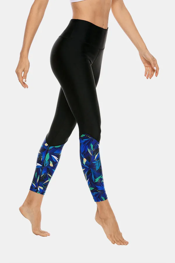 Leaf Print High Waist Long Swim Pants Swim Leggings Swim Tights