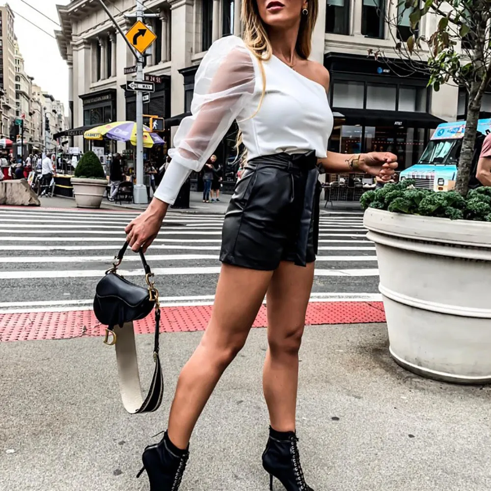 Leather Wide-legged Shorts Autumn Winter Women High Waist with Belt PU Shorts Faux Leather Shorts Bottoms