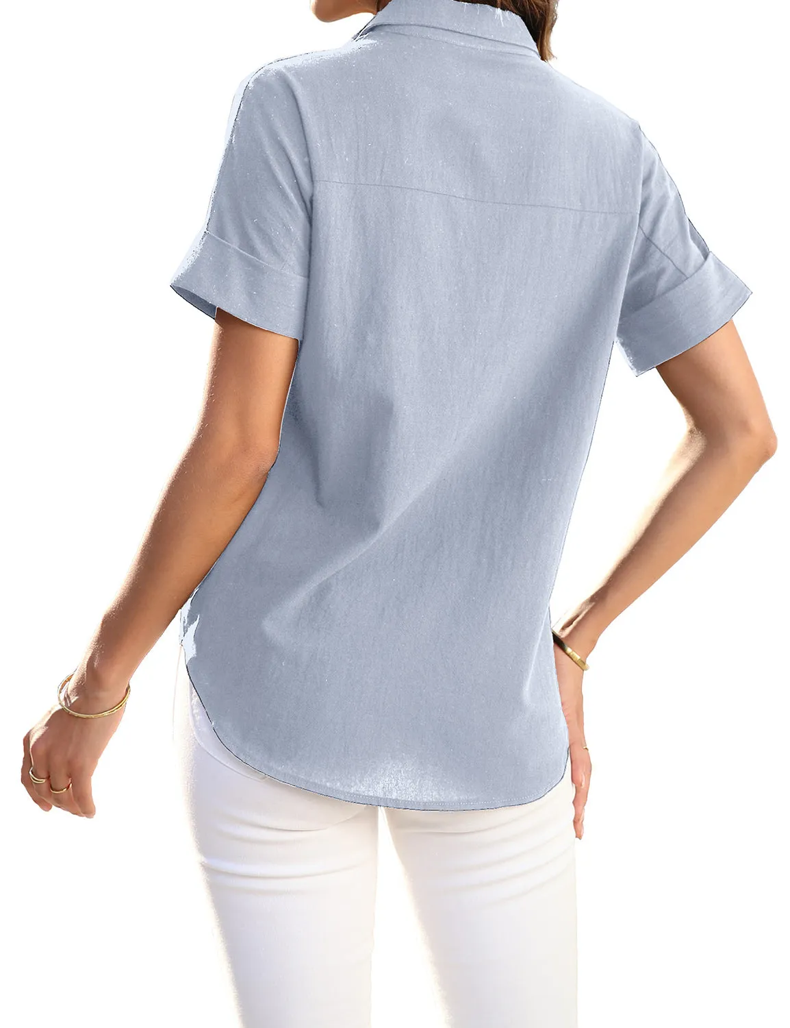 Light Blue Short Cuffed Sleeves Pockets Button-Up Top