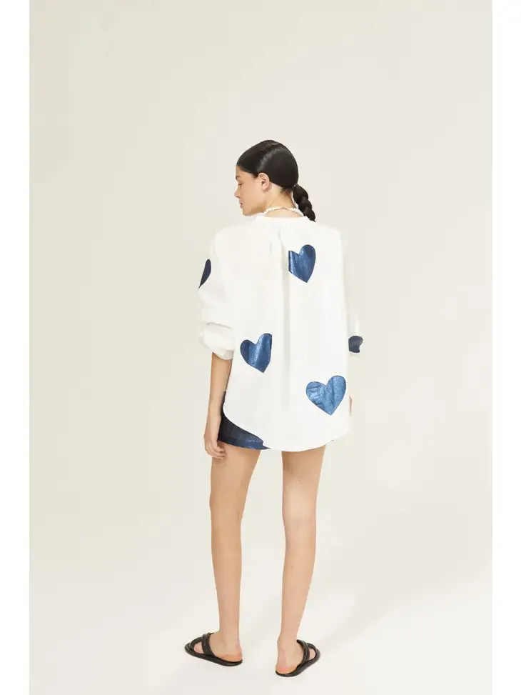 Linen Shirt - Off-White with Metallic Dark Blue Hearts