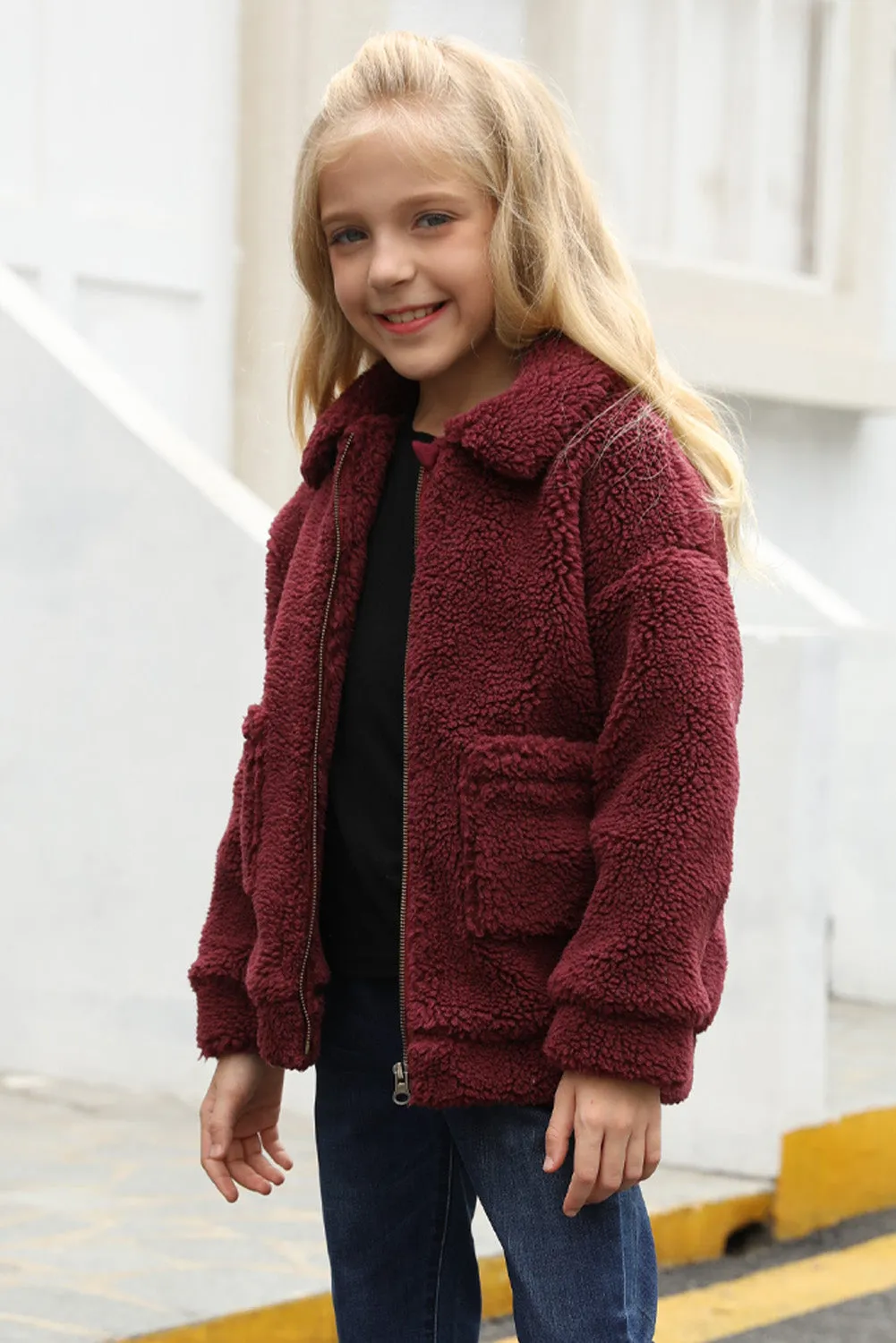 Little Girls Turnover Collar Zip Up Fur Jacket