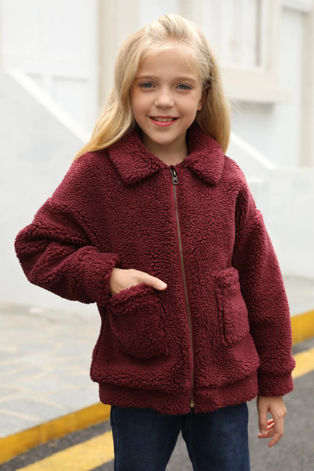 Little Girls Turnover Collar Zip Up Fur Jacket