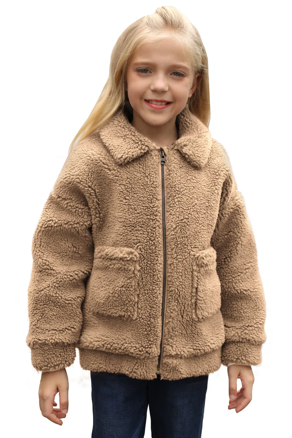 Little Girls Turnover Collar Zip Up Fur Jacket