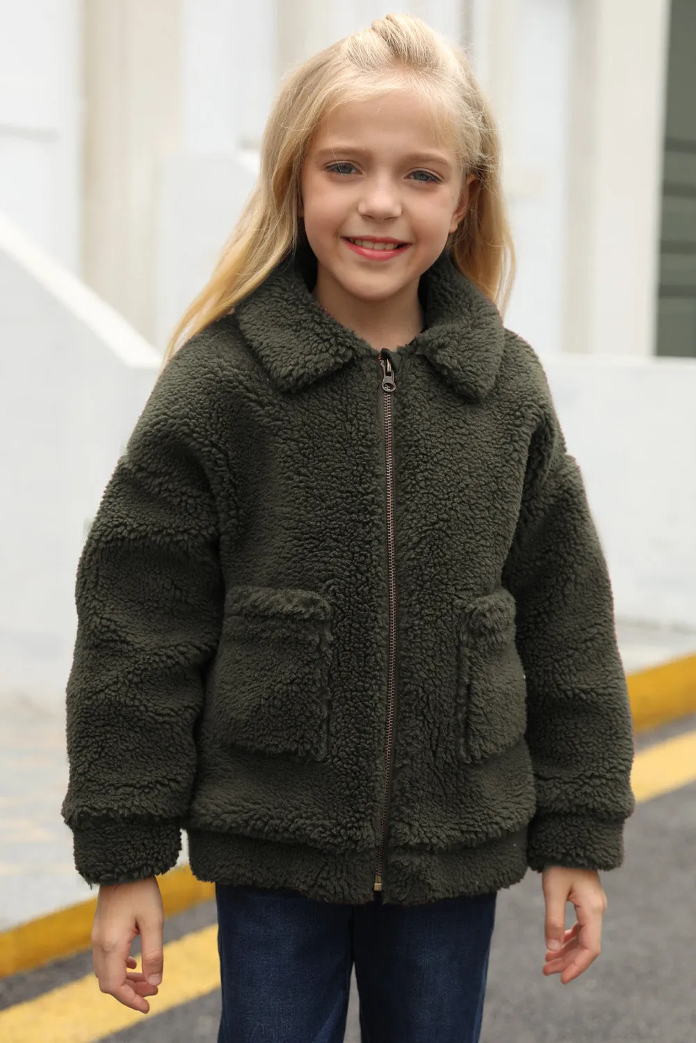 Little Girls Turnover Collar Zip Up Fur Jacket