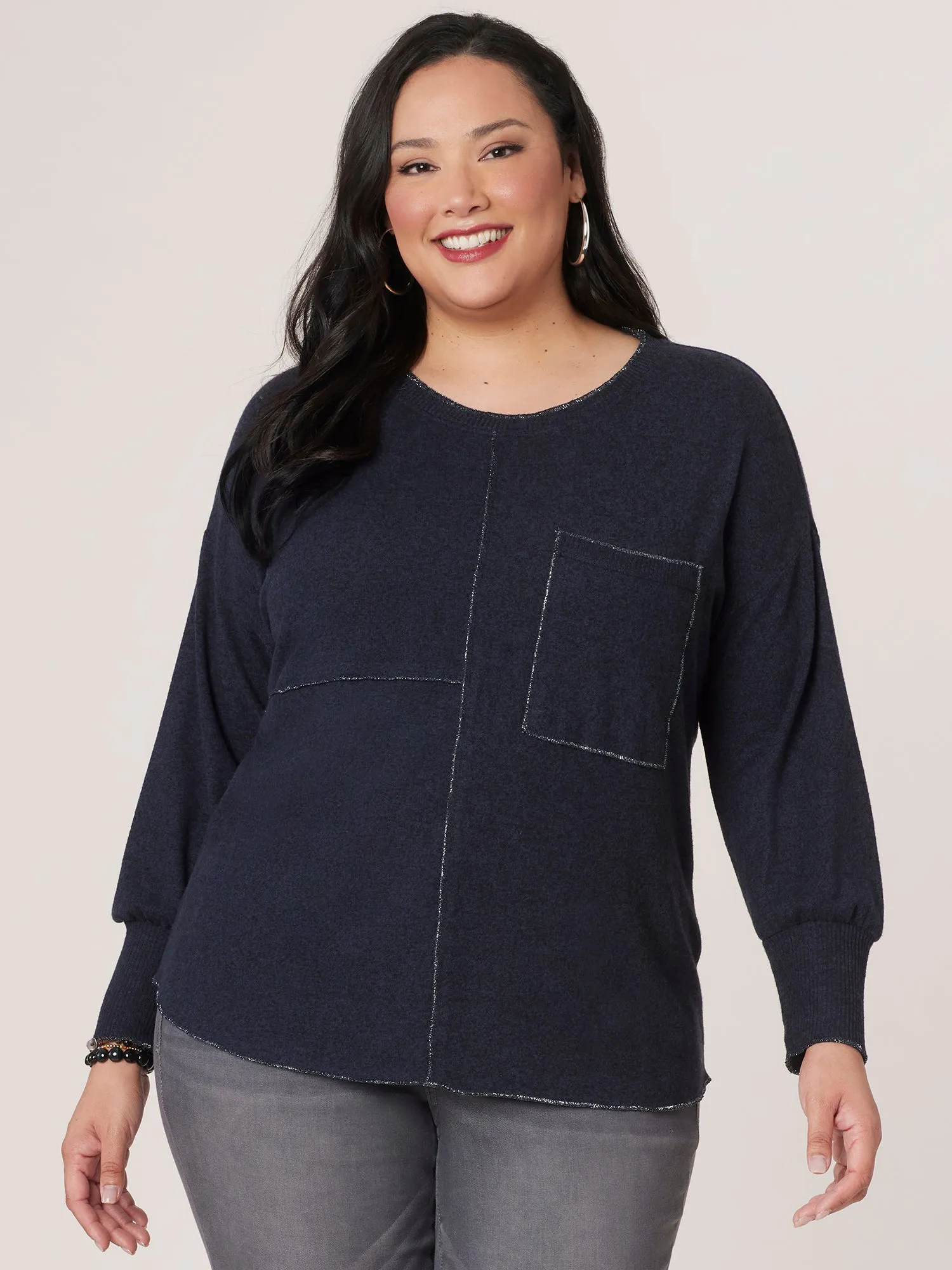 Long Band Sleeve Scoop Neck Pocket Hi-Low Plus Size Knit Top