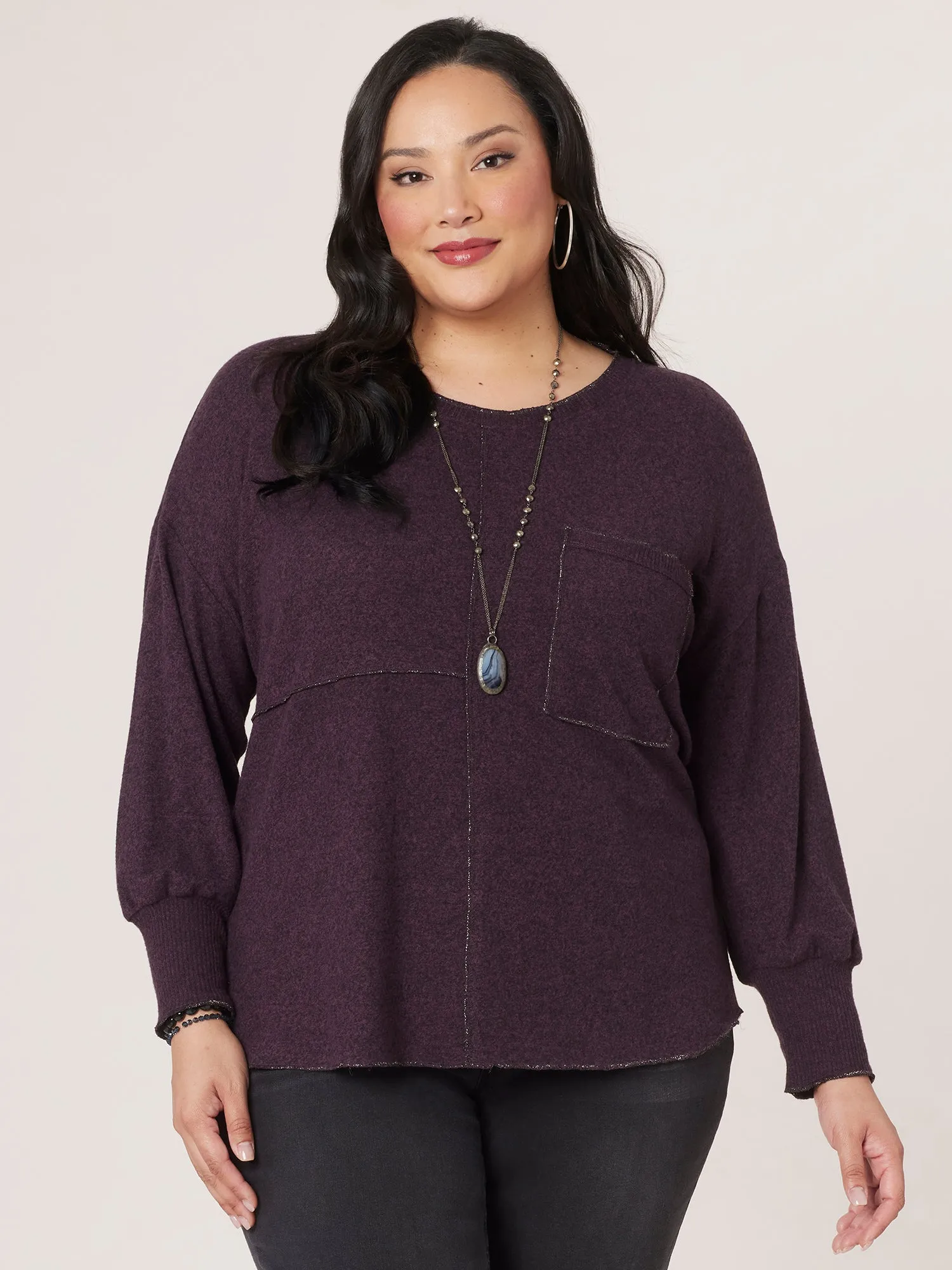 Long Band Sleeve Scoop Neck Pocket Hi-Low Plus Size Knit Top