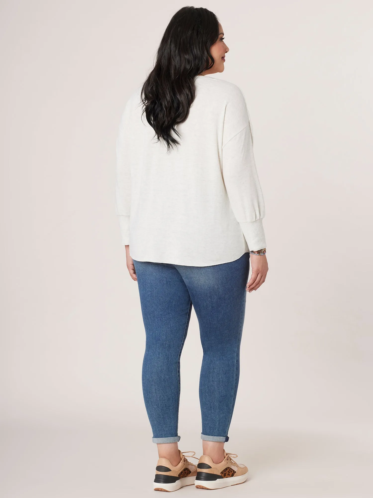 Long Band Sleeve Scoop Neck Pocket Hi-Low Plus Size Knit Top