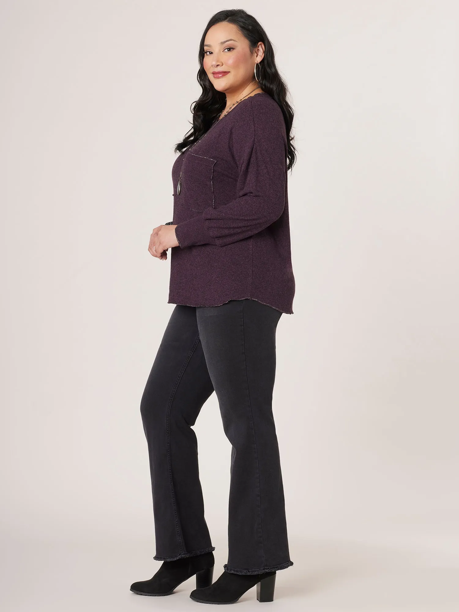 Long Band Sleeve Scoop Neck Pocket Hi-Low Plus Size Knit Top