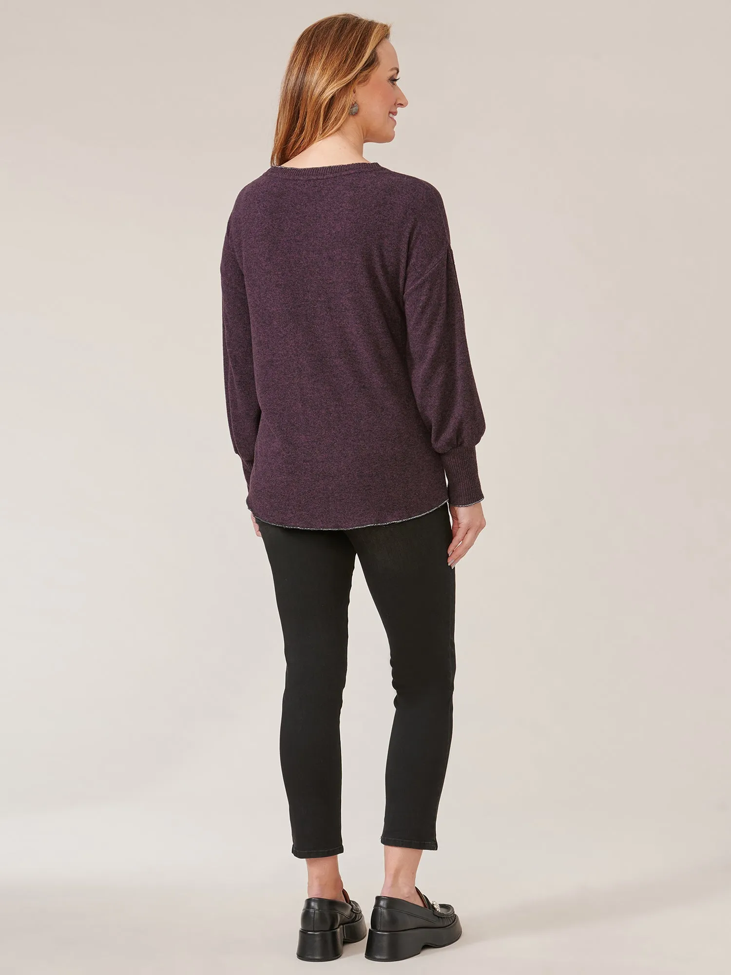 Long Banded Sleeve Scoop Neck Metallic Seaming Knit Top