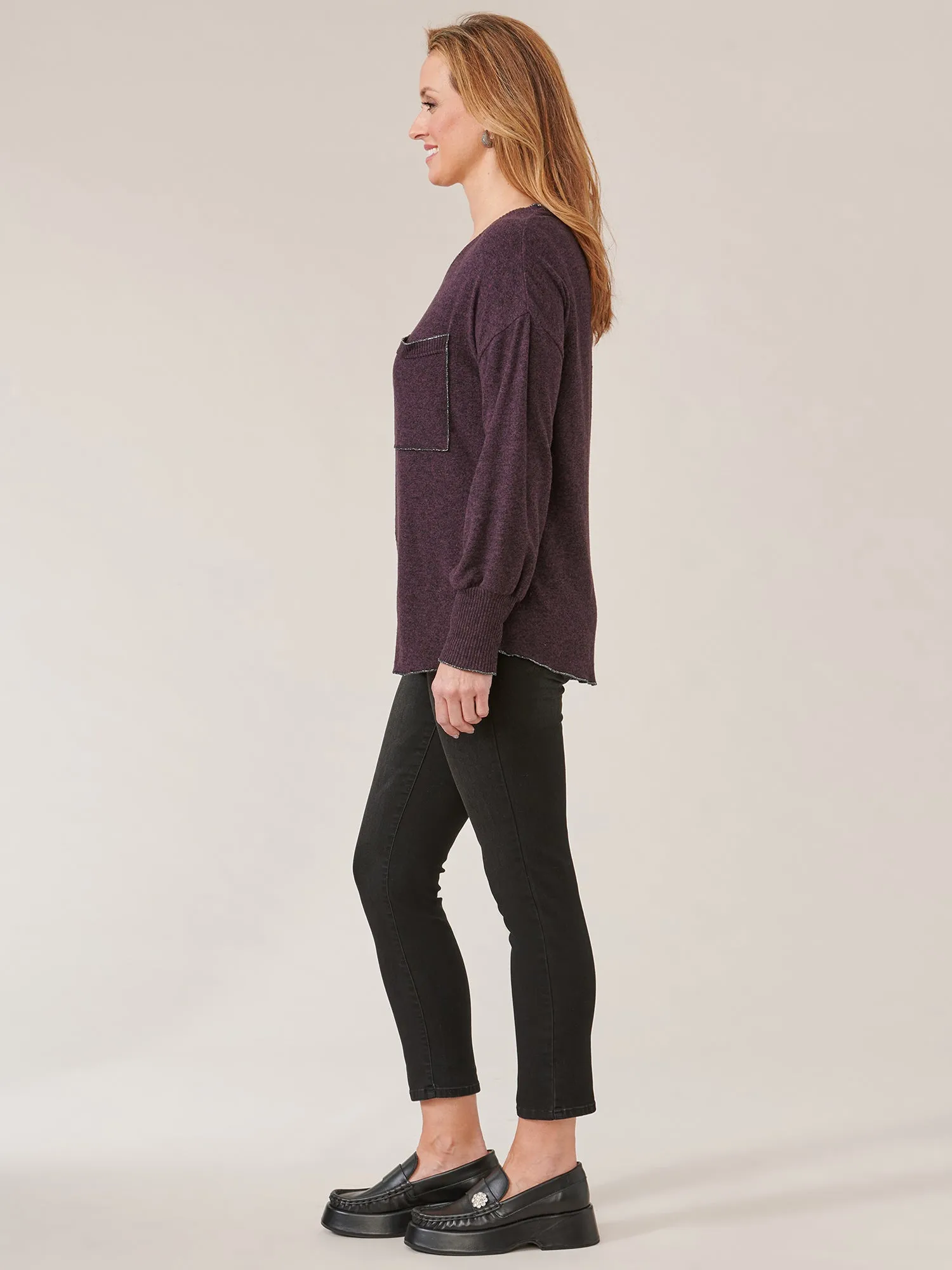 Long Banded Sleeve Scoop Neck Metallic Seaming Knit Top