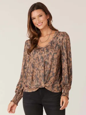 Long Blouson Sleeve V-Neck Twisted Hem Printed Knit Top