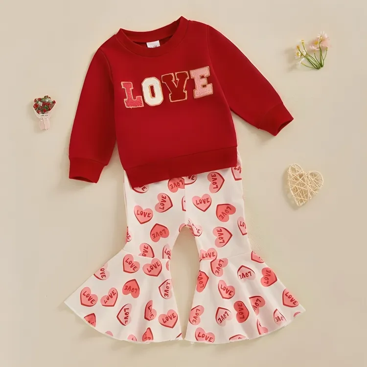 Long Sleeve Love Flared Pants Baby Set