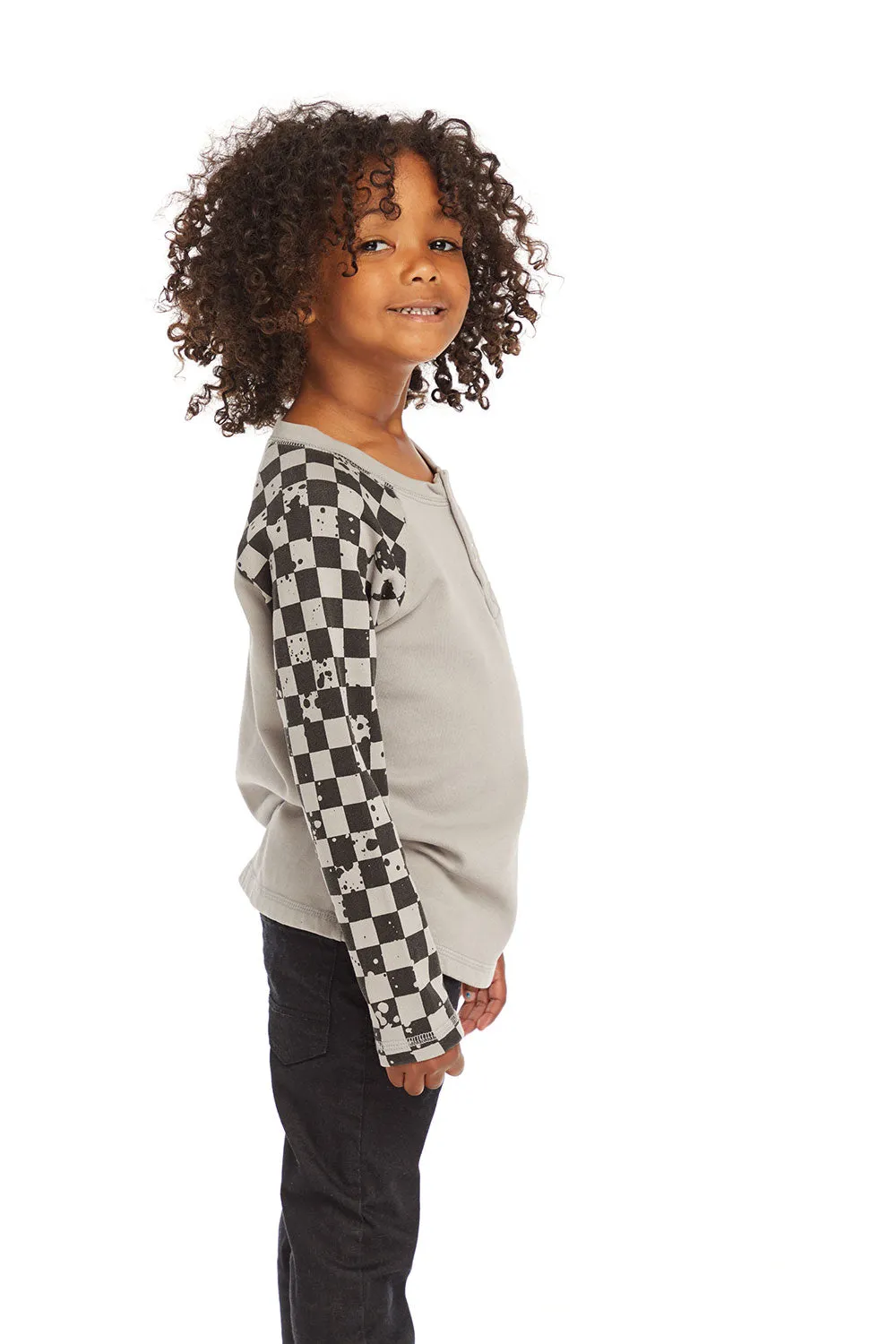 Long Sleeve Splatter Checker Raglan Button Up Henley