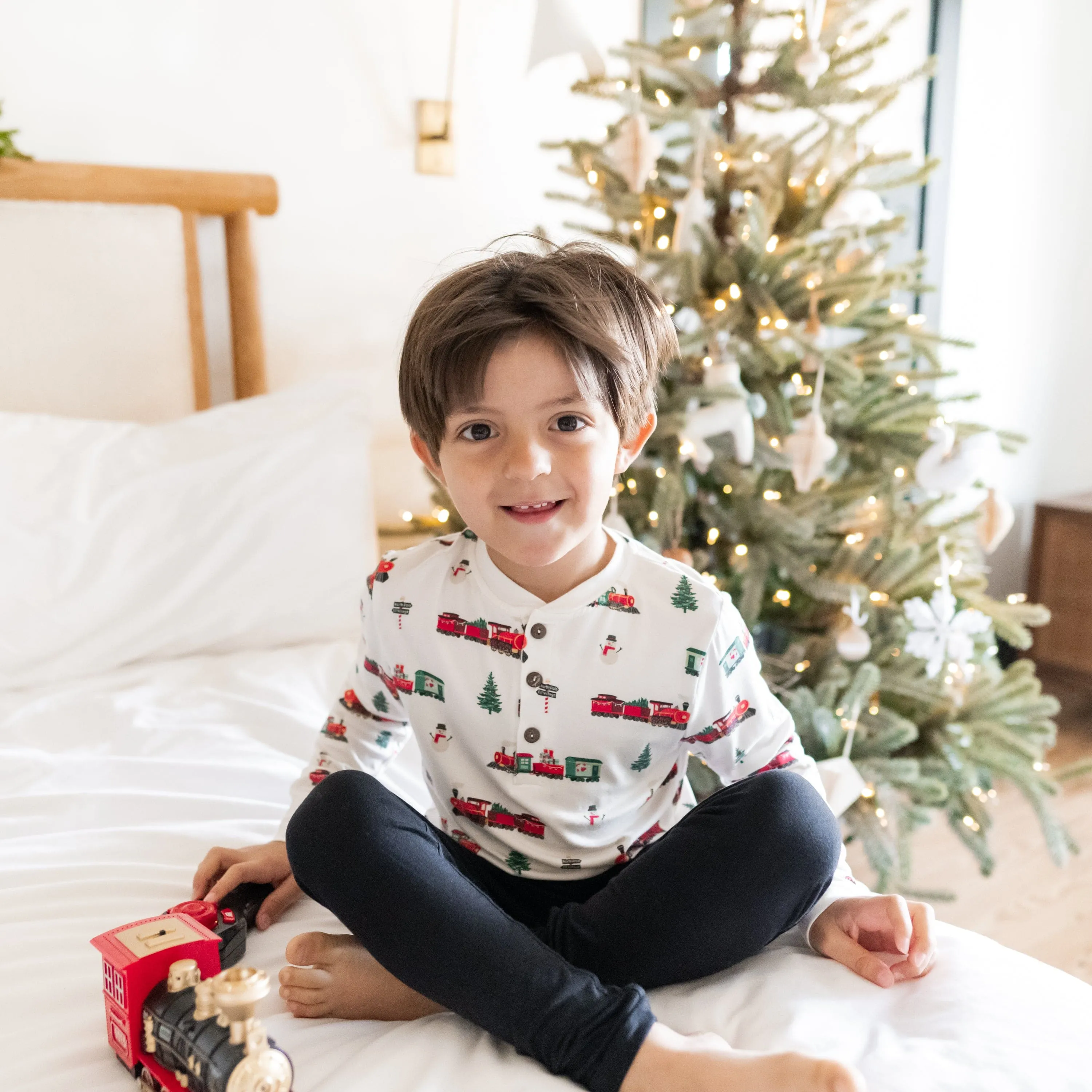 Long Sleeve Toddler Henley Tee in Holiday Train