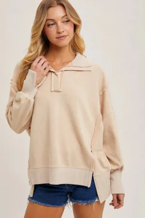 Long Sleeve Washed Side Slit Henley Sweatshirt ECRU