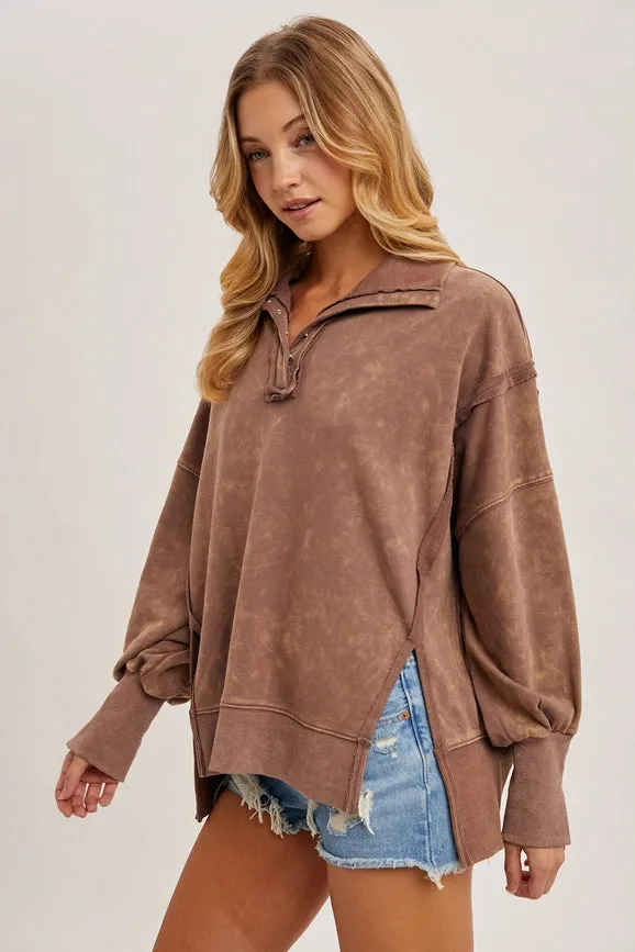 Long Sleeve Washed Side Slit Henley Sweatshirt MOCHA