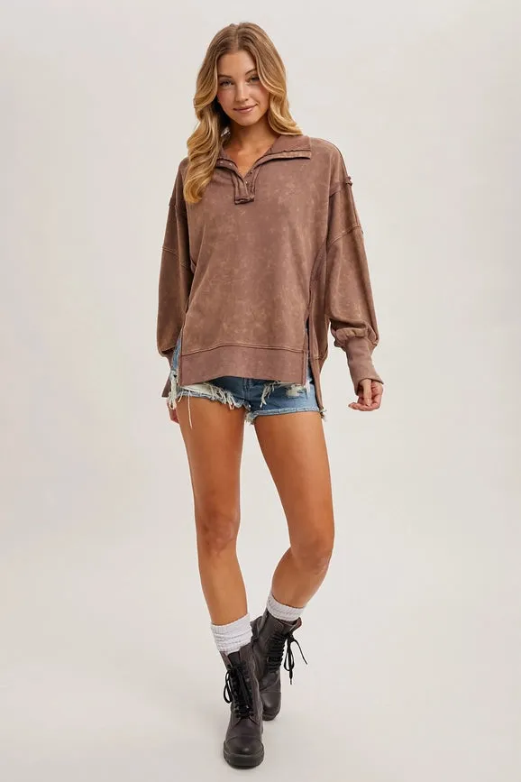 Long Sleeve Washed Side Slit Henley Sweatshirt MOCHA